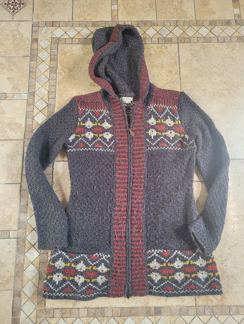Royal Robbins Charcoal Hooded Zip Cardigan with Red and Yellow Fair Isle